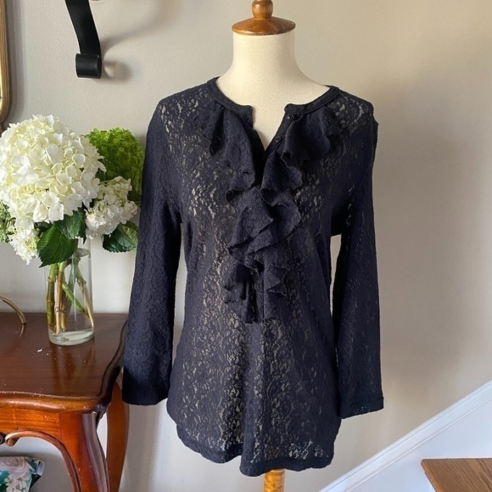 Ralph Lauren Black Stretch Lace Ruffle Top M